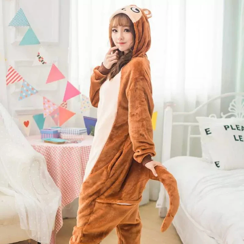 Cute Monkey Hooded Bathrobe Women, Soft Flannel Night Wears For Women, Cartoon One-piece Loungewear, Warm Zipper Home Jumpsuit