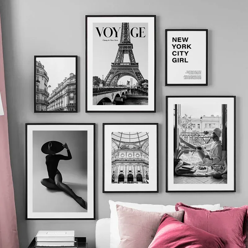 1pc Canvas painting  Elegant Paris & New York Skyline with Dobermann Canvas Art Print - Monochrome Wall Decor for Living Room