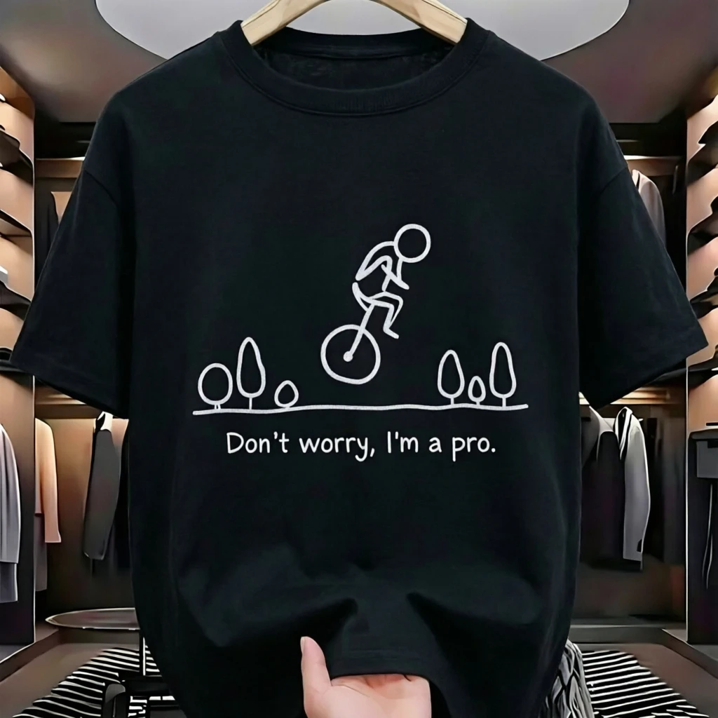 Don't Worry I'm A Pro Funny Unicycle Stick Figure Print Men's T-shirt Humor Cycling Graphic Cotton Short Sleeve Tee Tops