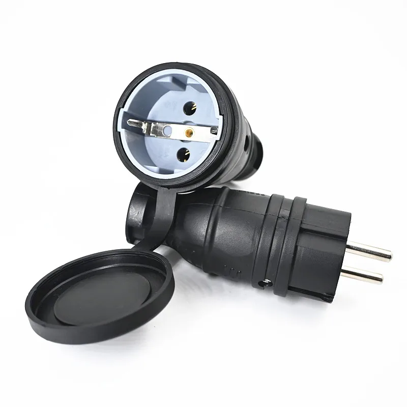 EU Rubber Waterproof Socket Plug Electrial Grounded European Connector With Cover IP54 For DIY Power Cable Cord 16A 250V