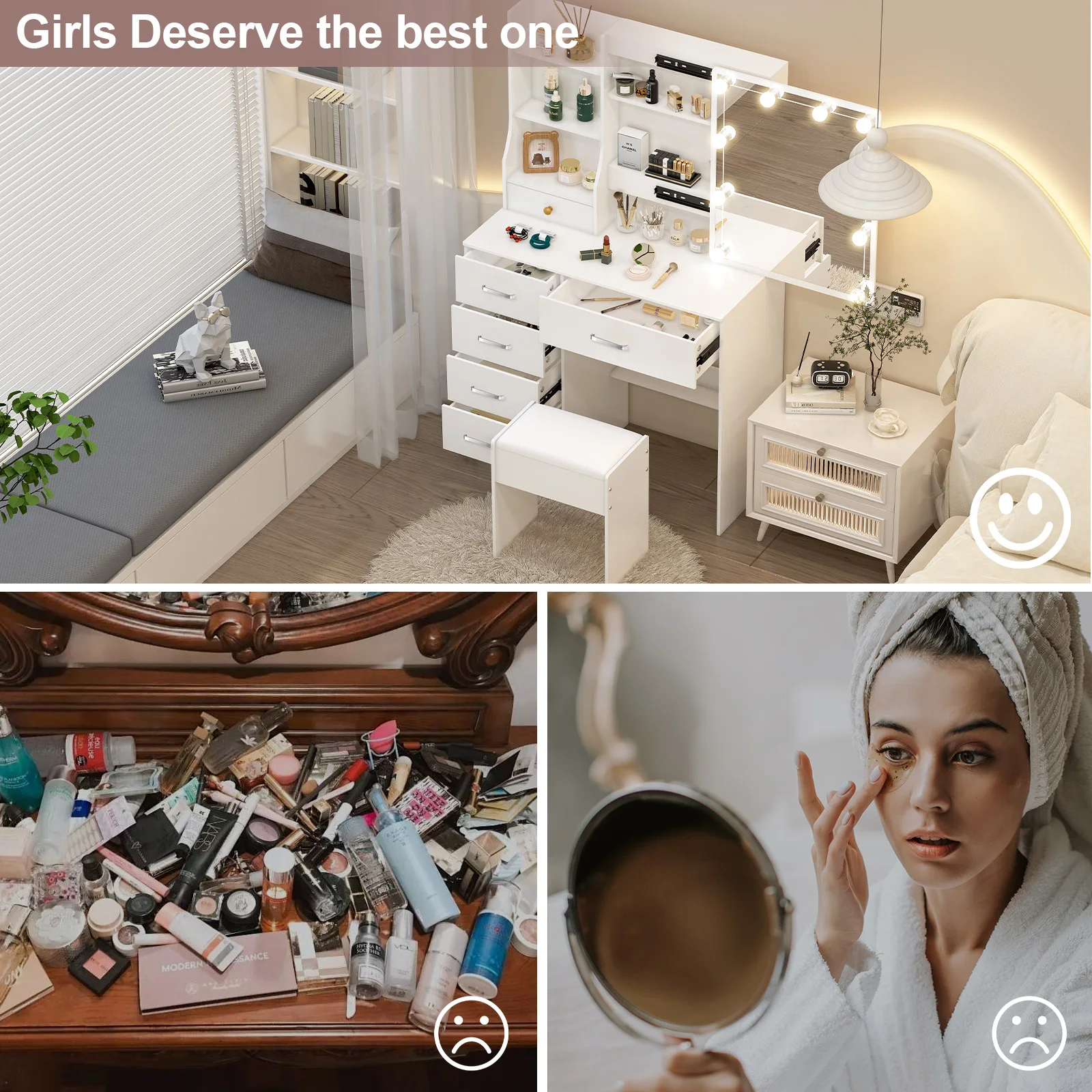 Classic wooden makeup vanity with lit mirror – 3 light modes, drawers & open storage image 6