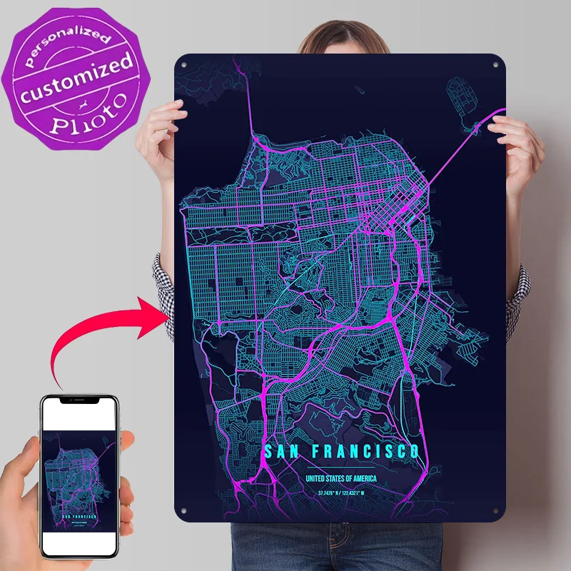Neon San Francisco City Map 3D Printed Texture Poster Personalized Wall Art Retro Metal Tin Signs for Decor Luxury Wand Deko