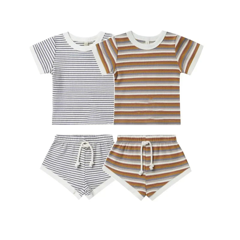 Conjunto de ropa de algodón para niños pequeños, Top de manga corta a rayas, pantalones cortos, trajes bonitos, 6-36M, 2 piezas, Verano