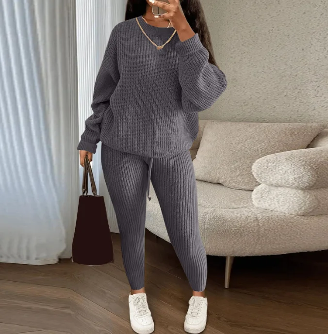 Autumn Winter Women's Casual Two Pieces Knitted Sweater Top and Drawstring Tight Pants Set fashion Female Matching Suit Set