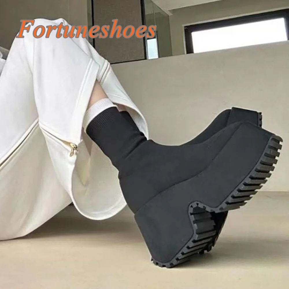 

9cm Black Stretch Solid Slip On Women Boots Wedges High Heel Round Toe Boots 2025 New Arrivals Fashion Casual Spring Sock Boots