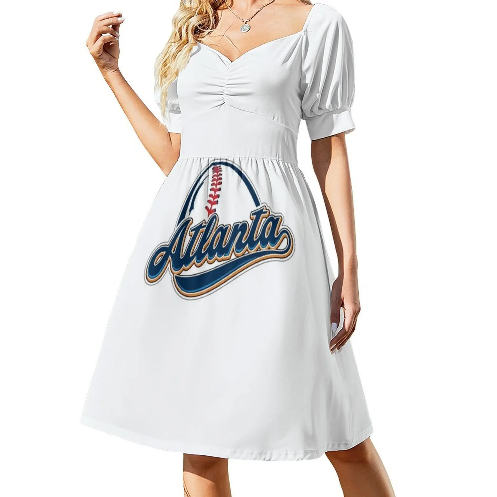 فستان بيسبول أتلانتا على الطراز الكوري للنساء فستان كاجوال أنيق للحفلات أو الارتداء اليومي كرة أتلانتا البيسبول الرياضة البيسبول