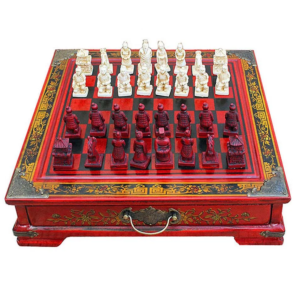 

Wooden Chess Figures Set Terra Cotta Warriors Resin Chess Pieces Chess Game 27*27*7cm Box Chessboard Faimly Board Game