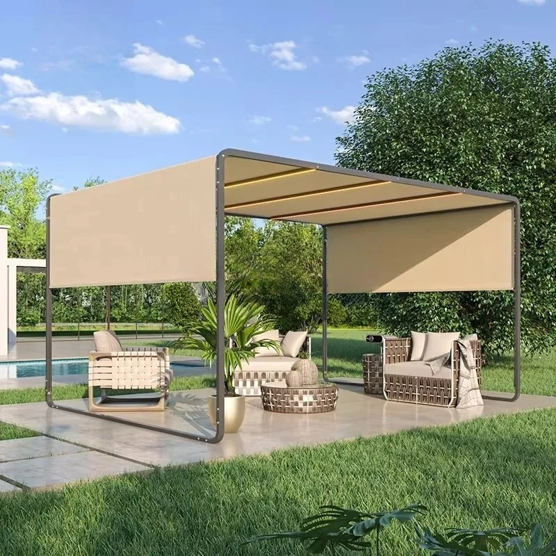 Outdoor Retractable Aluminum Flat Top Pergola Canopy Adjustable Sun Shade  Shelter  UV Resistant Wind  For Backyard Deck Gardens