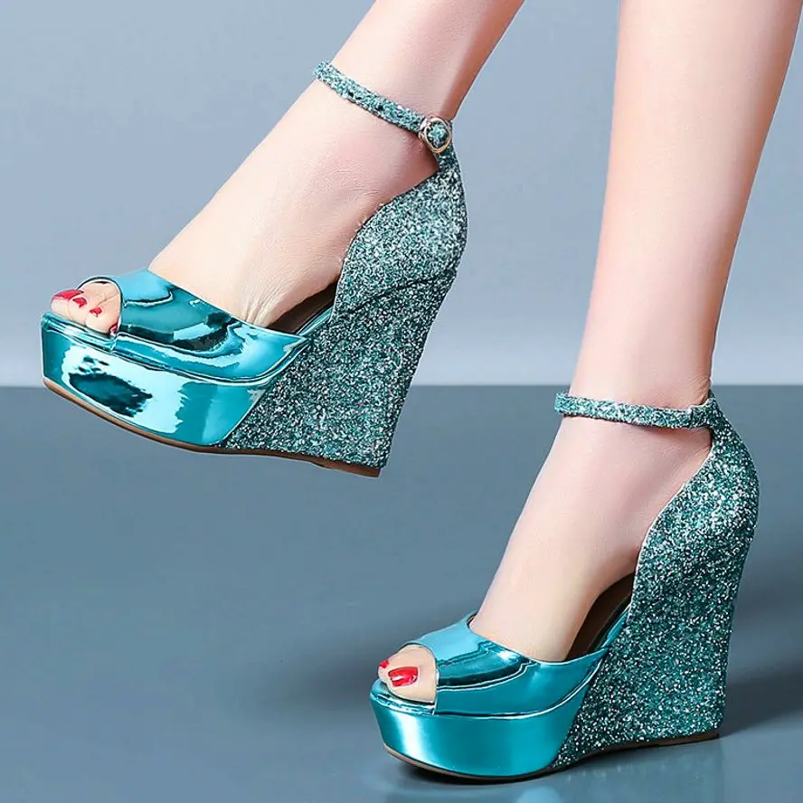 

Party Pumps Women's Cow Leather Platform Wedge High Heels Shiny Glitter Ankle Strap Sandals Wedding Shoes Creeper Shoe