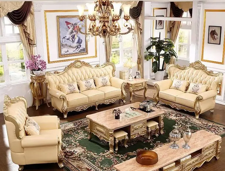 European-Style Genuine Leather Set For Villa Luxury Living Room, Solid Wood Carved Champagne-Colored Large Three-Seater Sofa