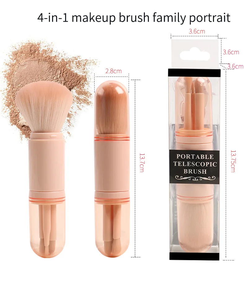 4-in-1 reismake-upborstelset Huidskleur Intrekbaar draagbaar schoonheidshulpmiddel Veganistisch synthetisch haar Hoogwaardig make-upaccessoire