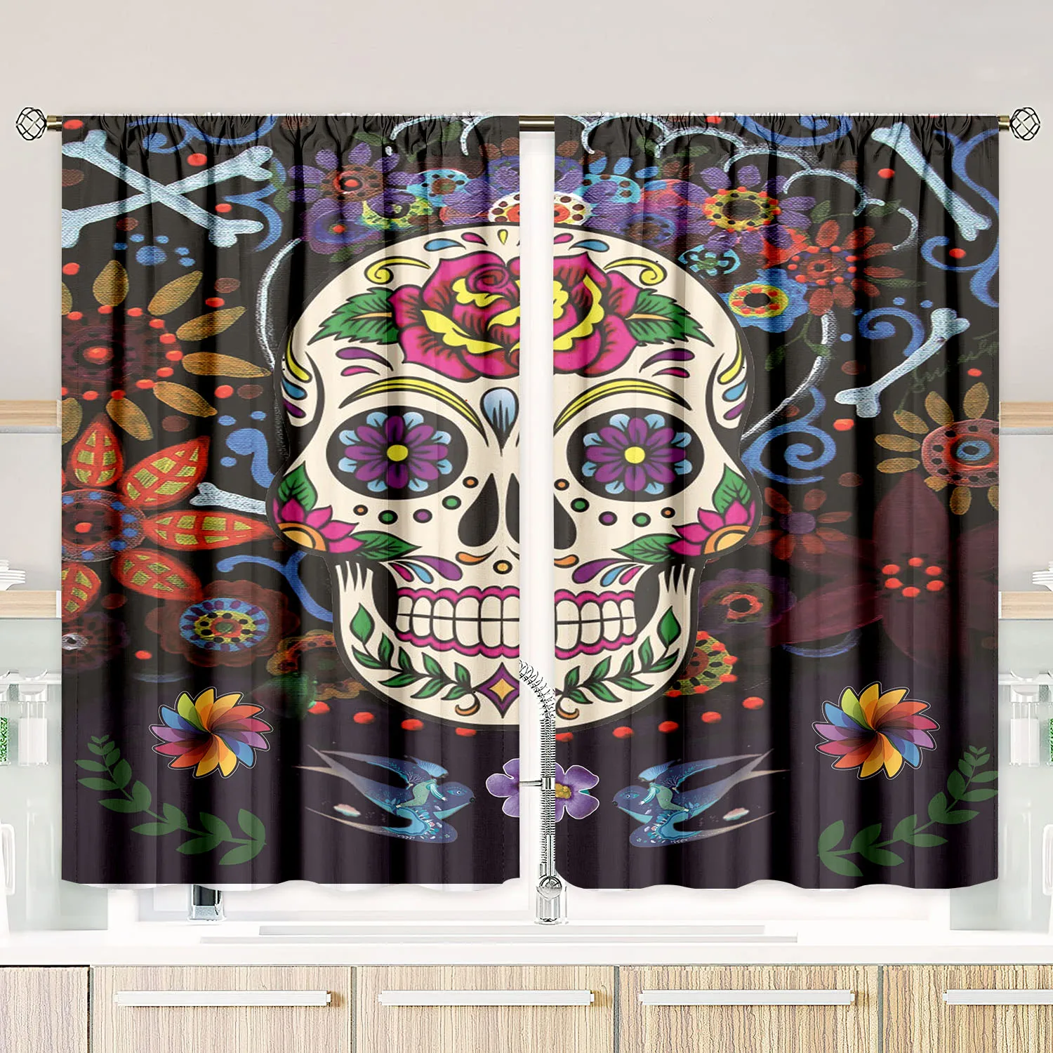 2 pieces - Skull - Printed curtains - Polyester material - Bedroom, living room, study private curtains - customizable patterns