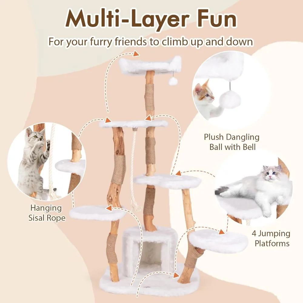 Solid Wood Cat Tree, Modern Wooden Cat Tower with Jute Scratching Posts, Perch, Condo, Sisal Rope, Dangling Ball, Soft