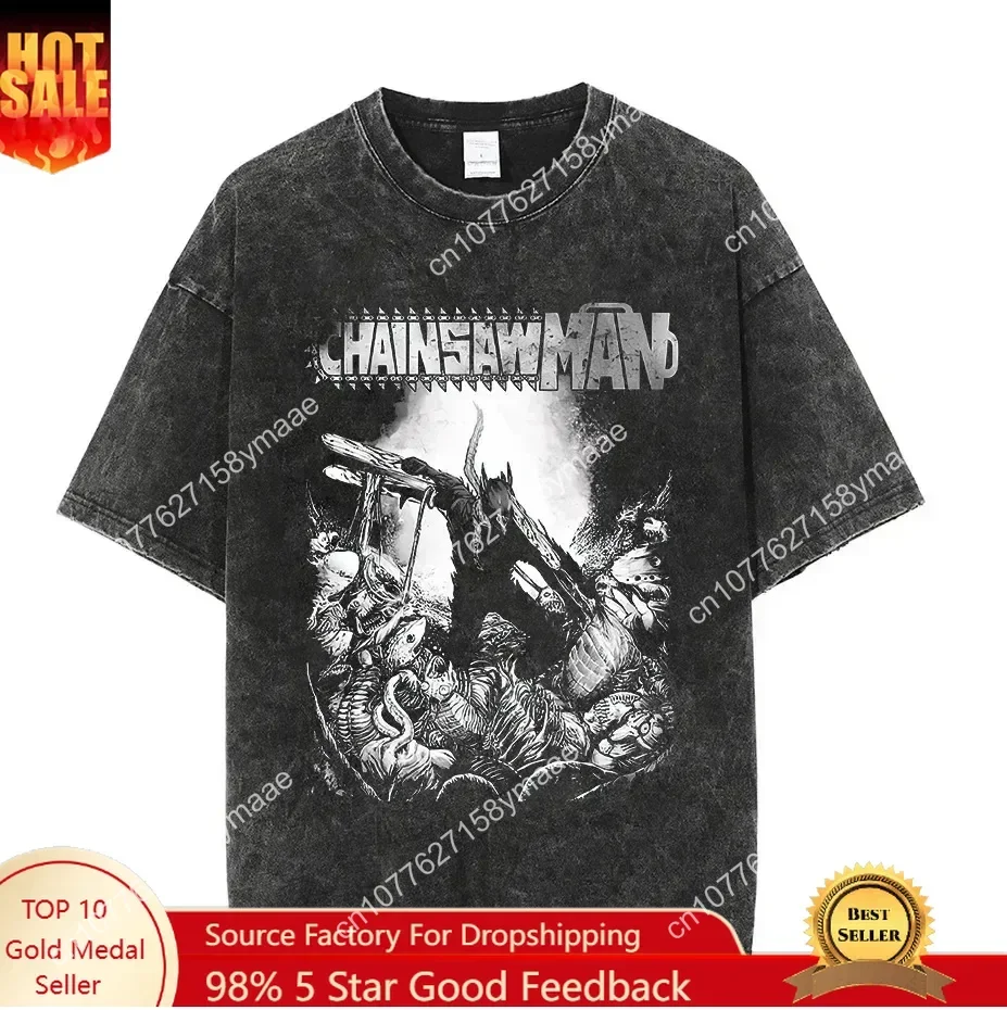 

Vintage Washed Tshirts Chainsaw Man Anime T Shirt for Men Women Harajuku Oversize Tee Cotton Fashion Streetwear Unisex Tops
