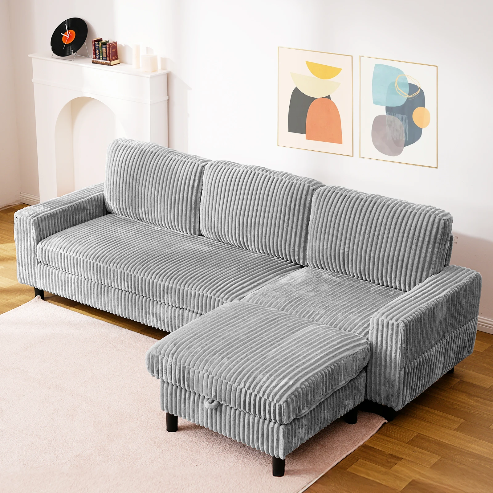 3-seater sofa gray Corduroy with Storage and Reversible Scandinavian sofa style with removable ottoman and footrest sofa for the living room
