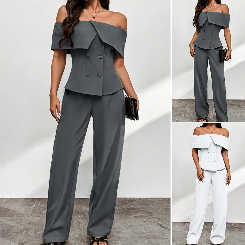 

Mia Muse Boutique, полная длина, офисные женские комплекты для женщин, летняя мода, двубортный с открытыми плечами, коротким рукавом, натуральная талия