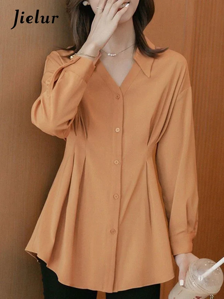 

Jielur Solid Color Long Sleeve Women Shirt Spring French Style Chic Casual Female Shirts Fashion Single Breasted Orange Shirt
