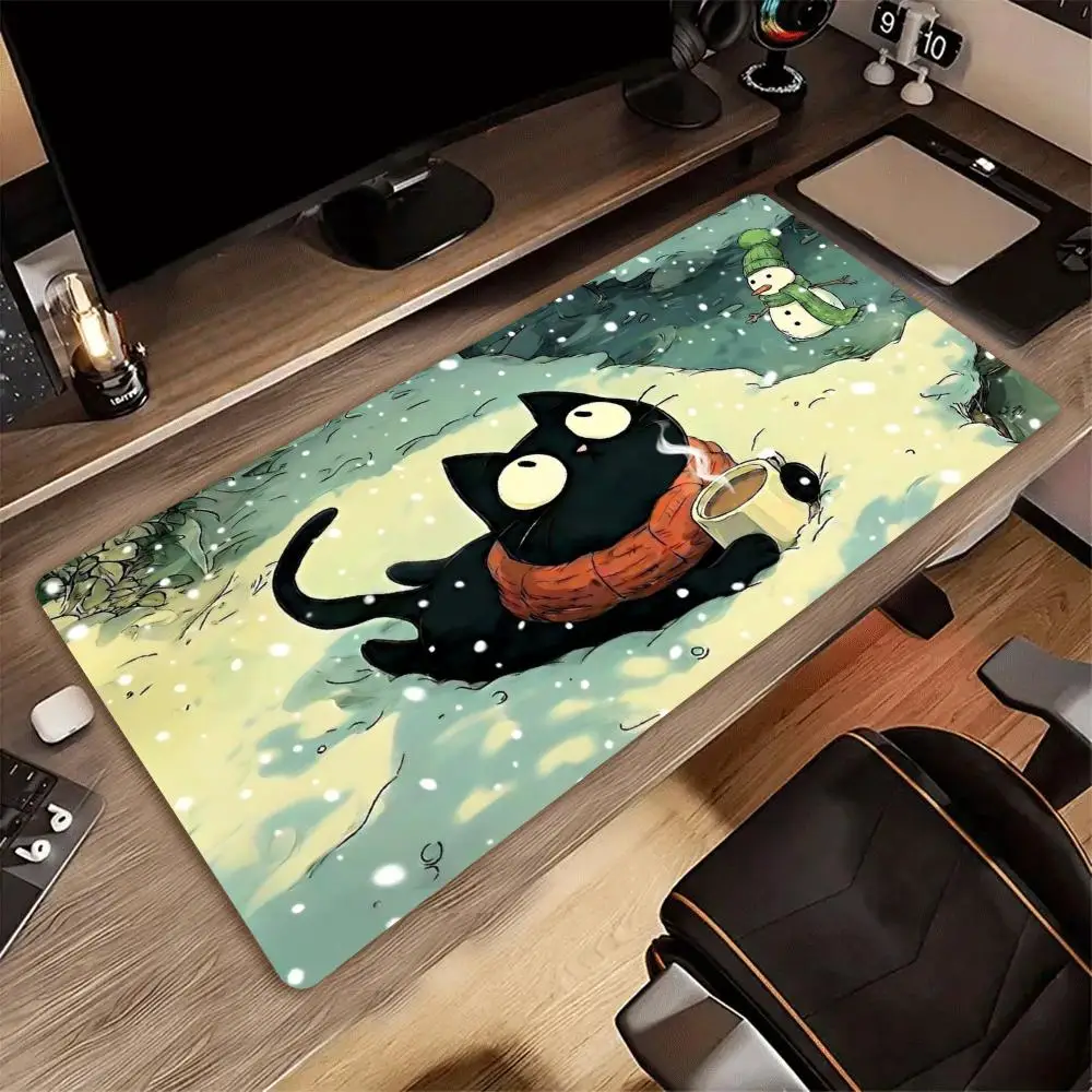 Cute Black Cat Cartoon XL Gaming Mouse Pad Non-Slip Rubber Overlocked Deskmat Winter Snow Water Scenery Keyboard Game Table Mats