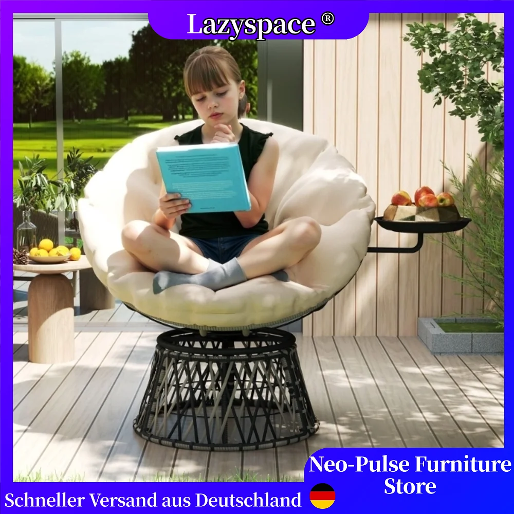 Spazio Lazys 360 °   Sedia a cestello girevole con cuscino e tavolino rotondo incorporato, sedia in rattan di papà, poltrona lounge girevole da giardino