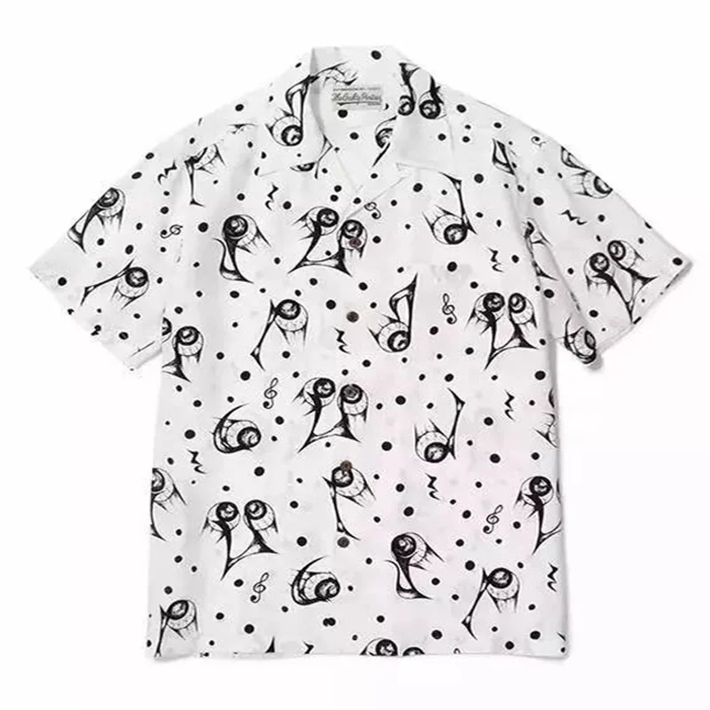 Trendy Japanese WACKO MARIA White Black Full Print Skull Eyes Drunken Dream Hawaii Short Sleeve Shirt Summer Brand Shirt