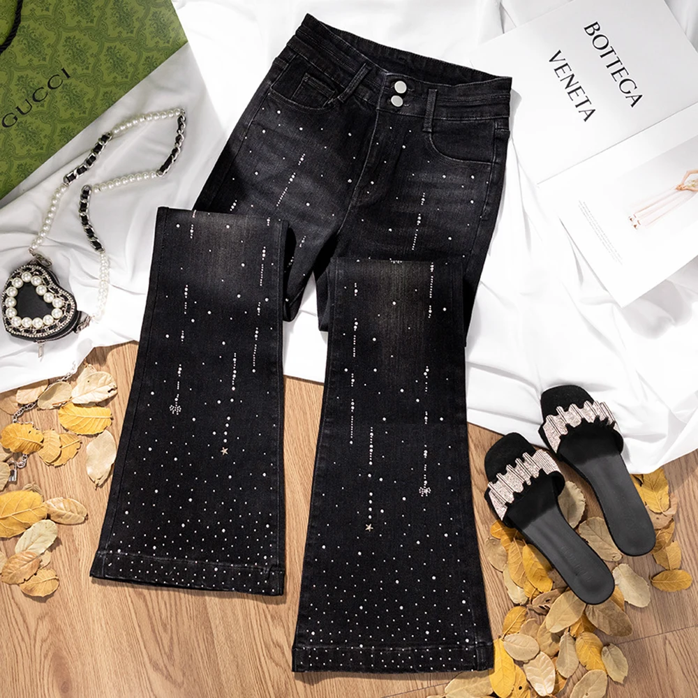Starry Sky Hot Diamond Black Jeans for Women Spring Autumn High Waist Slim Flared Denim Pants Shiny Glitter Skinny Jeans 2026