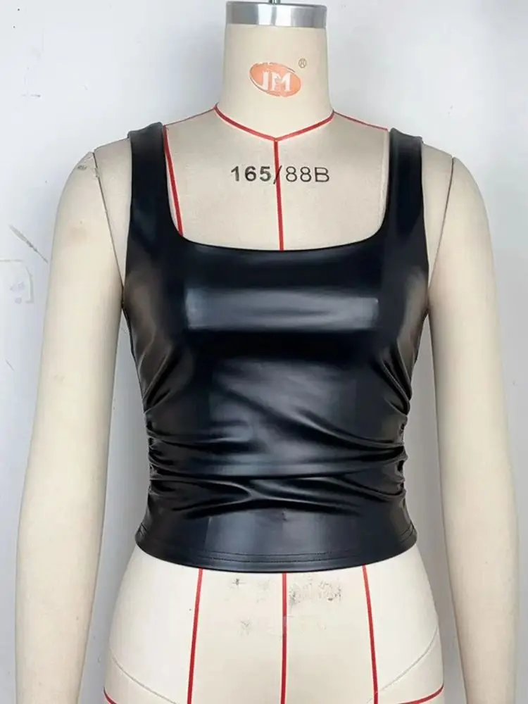 

S-XL Sleeveless PU Leather Shirts Tank Vest Tights Hot Sexy Bustier Crop Tops Streetwear Camis Croptop Clubwear Zipper Cropped