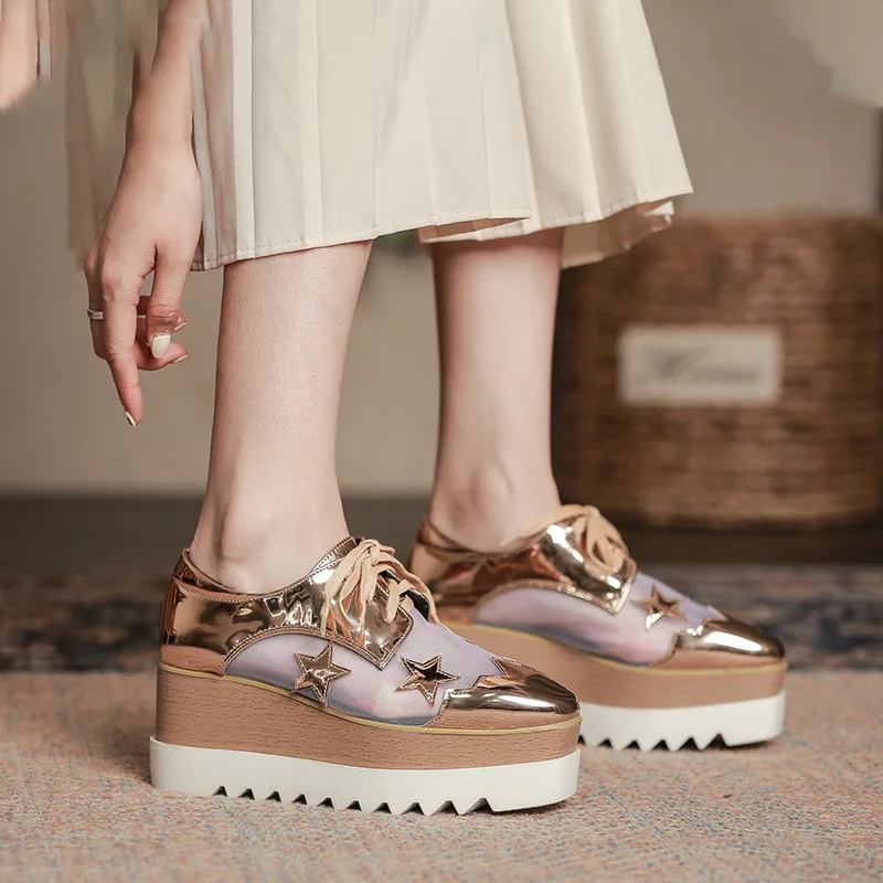 

Heightening Oxford Women Shoes Mesh Patchwork Lace Up Wedges Platform Shoes Fashion Square Toe Pumps Shallow Loafers Champagne