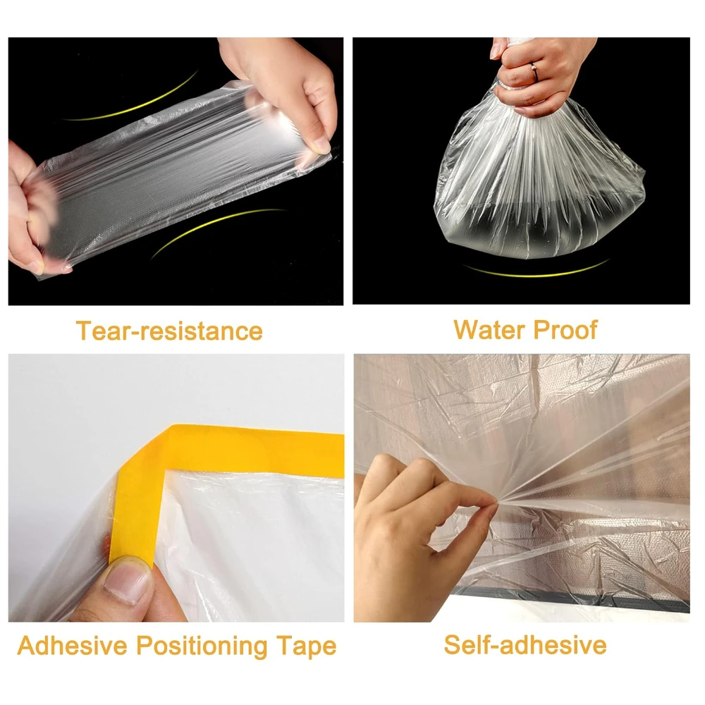 Plastic Drop Cloth Plastic Sheeting with Masking Tape Waterproof Protective Masking Film Prevent Dust Paint for Car Furniture