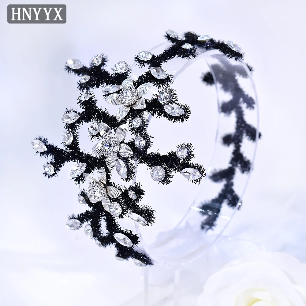 

HNYYX Black Chenille Stem Headpiece Shining Rhinestone Luxury Headband Women's Casual Hairband as Gifts for Friends A385