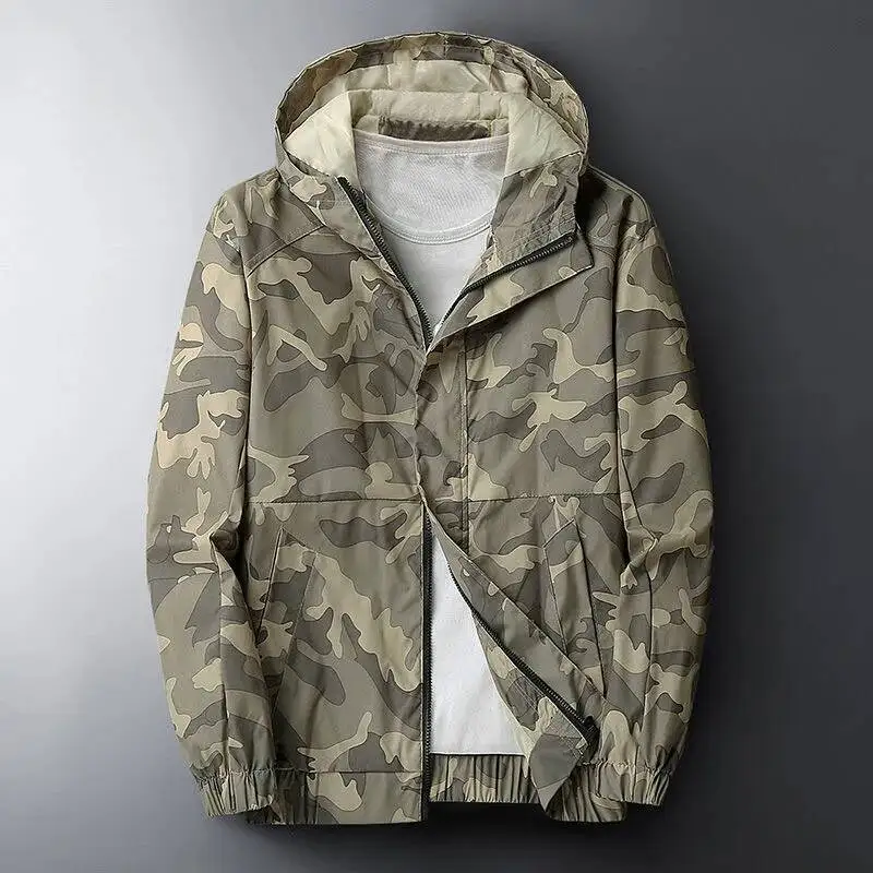 

2025 Spring And Autumn New Fashion Trend Camouflage Hooded Coat Men's Casual Loose Waterproof High Quality Plus-Size Jacket 4XL