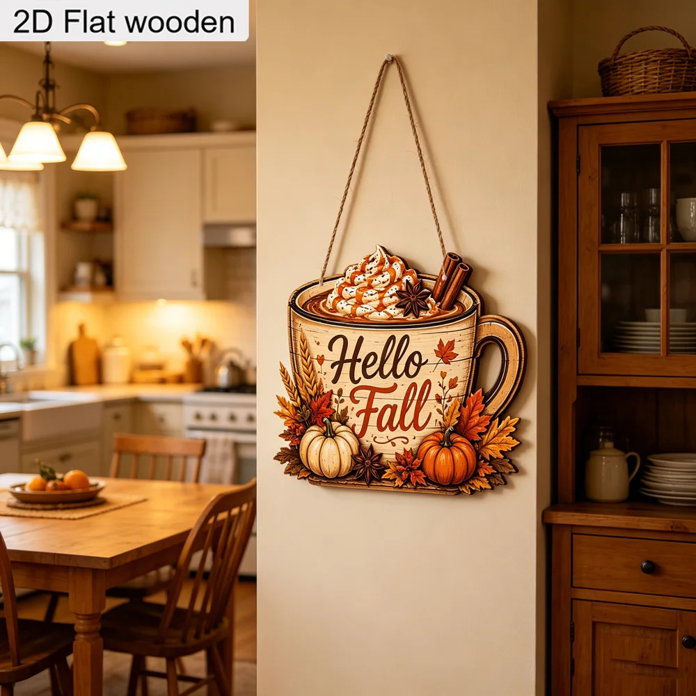2D Holzschild „Hello Fall“ für Kaffeetassen zum Aufhängen, Kürbis-Zimt-Ahorn-Weizen-Motiv, Bauernhaus-Stil, Herbst-Dankeschön-Schild für Haustür und Wand – Detail 1