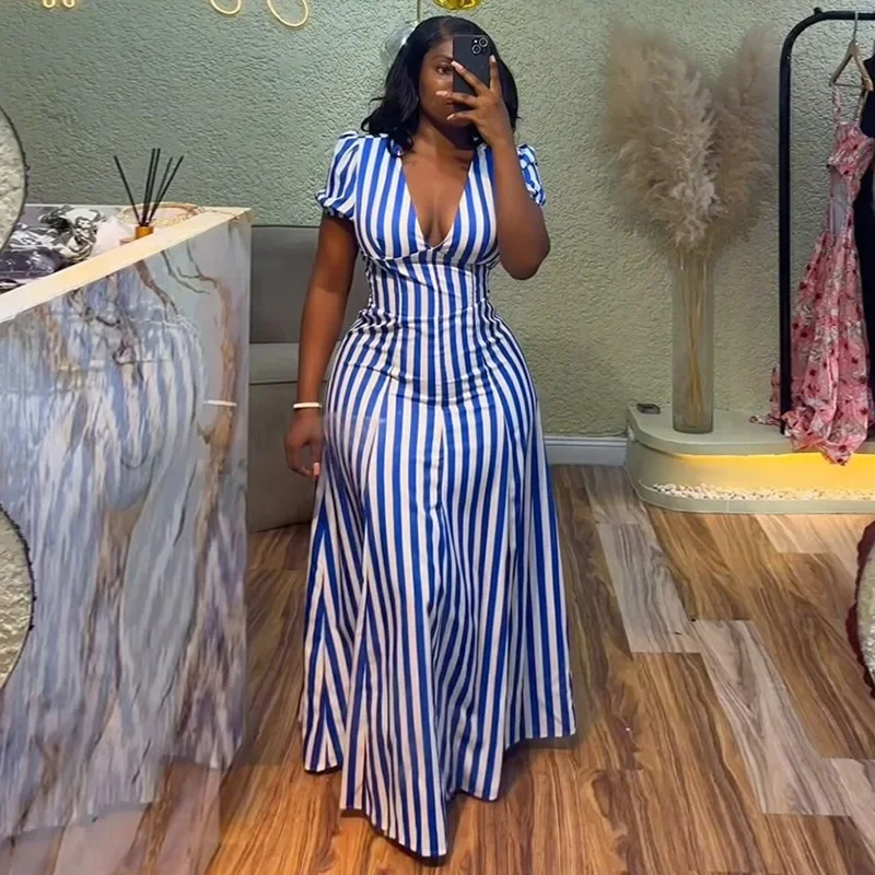 

Women Striped Printed V-Neck Dress Short Sleeve Elegant Slim Casual Vacation Streertwear Vintage Long Dress Summer Dresses 2025