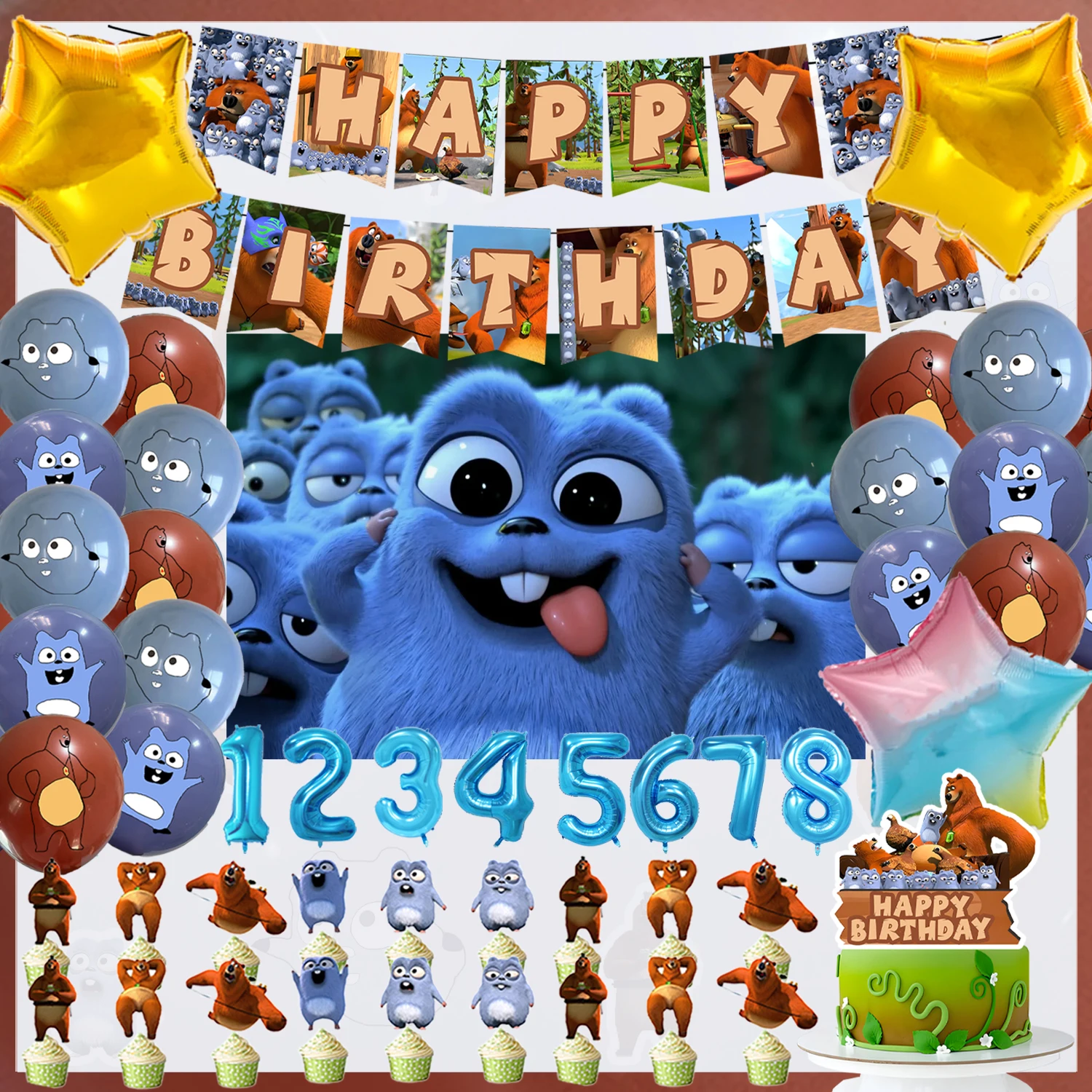 Cartoon Grizzy & die Lemminge Geburtstagsparty-Dekorationsset Niedliche Bären-Maus Zahlenballons Tortendekoration Banner Requisiten Geschenk für Jungen und Mädchen – Detail 2