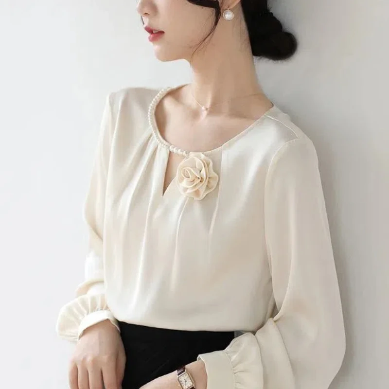 Spring Autumn New Solid Elegant Fashion Shirts Women's Clothing Casual Loose Pullovers Y2K Korean Style All Match O Neck Blouses