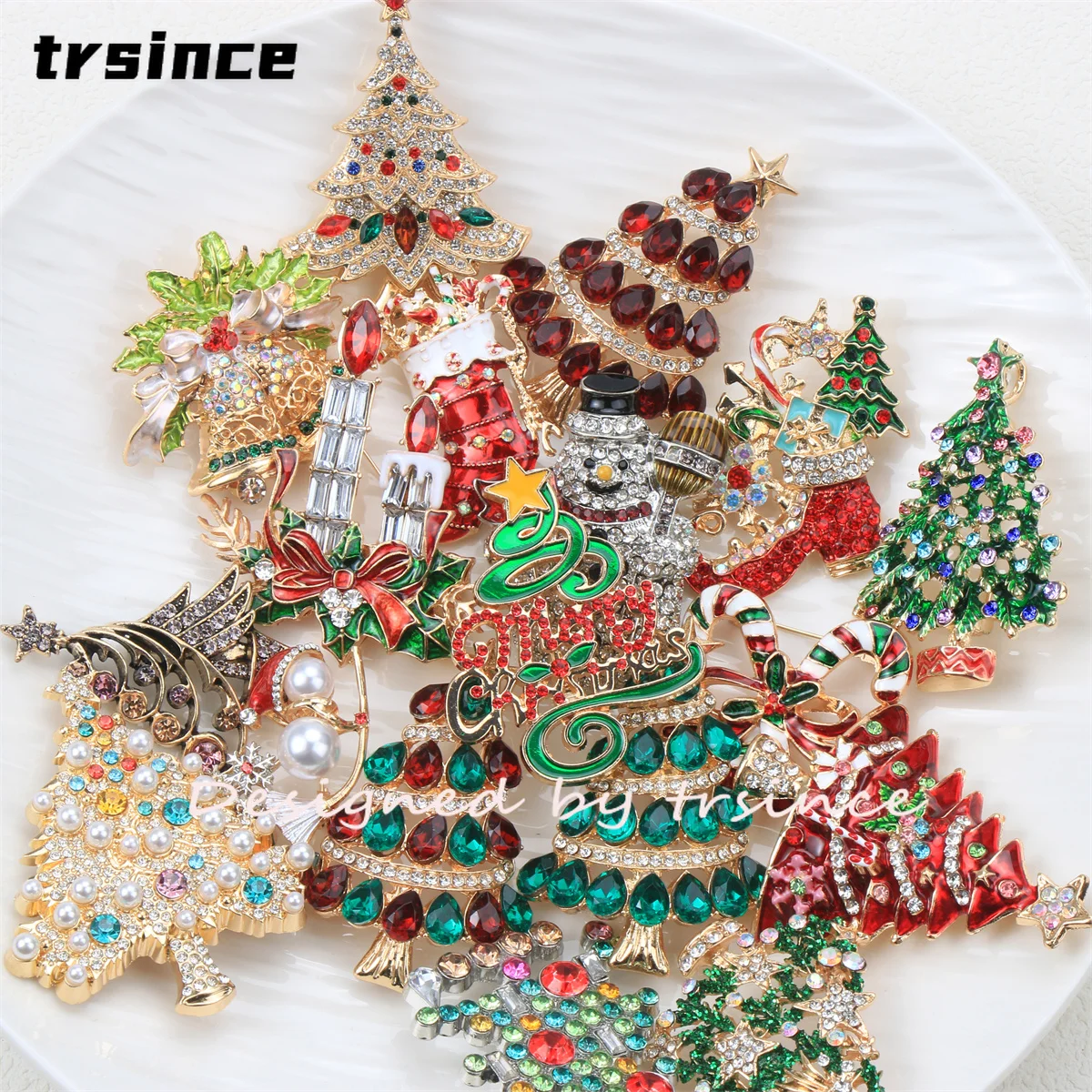 SKEDS Christmas Brooches for Women Rhinestone Crystal Xmas Tree Snowman Stocking Candy Cane Bell Holiday Party Coat Jewelry Gift