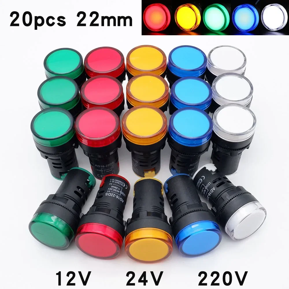 

20pcs Plastic Indicator Signal Lamp AD16-22DS 22mm 12V 24V 220V Red Blue Green Yellow White LED Power Signal Light Panel Mount