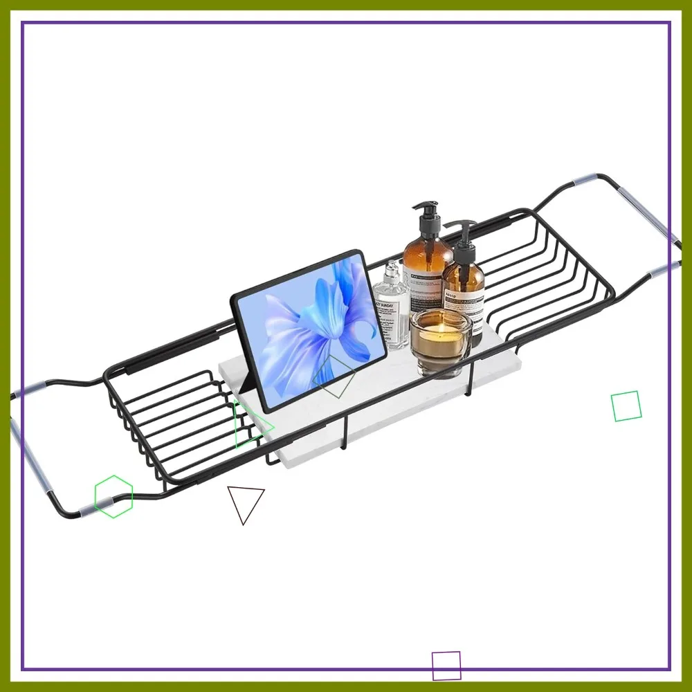 

Adjustable Bathtub Tray with Marble Base - Rustproof Stainless Steel Bath Caddy for Spa Relaxation & Bath Bombs