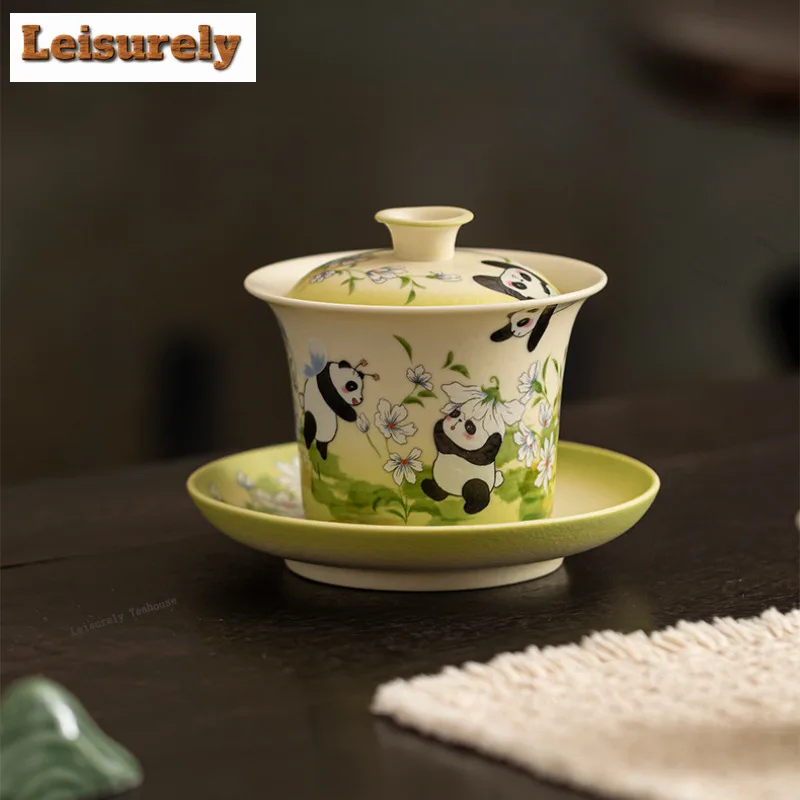 HOYIHM 170ml Rock White Panda Spring Gaiwan Handmade Tea Tureen Tea Bowl With Lid Kit Tea Brewing Cover Bowl Teaware Decoration