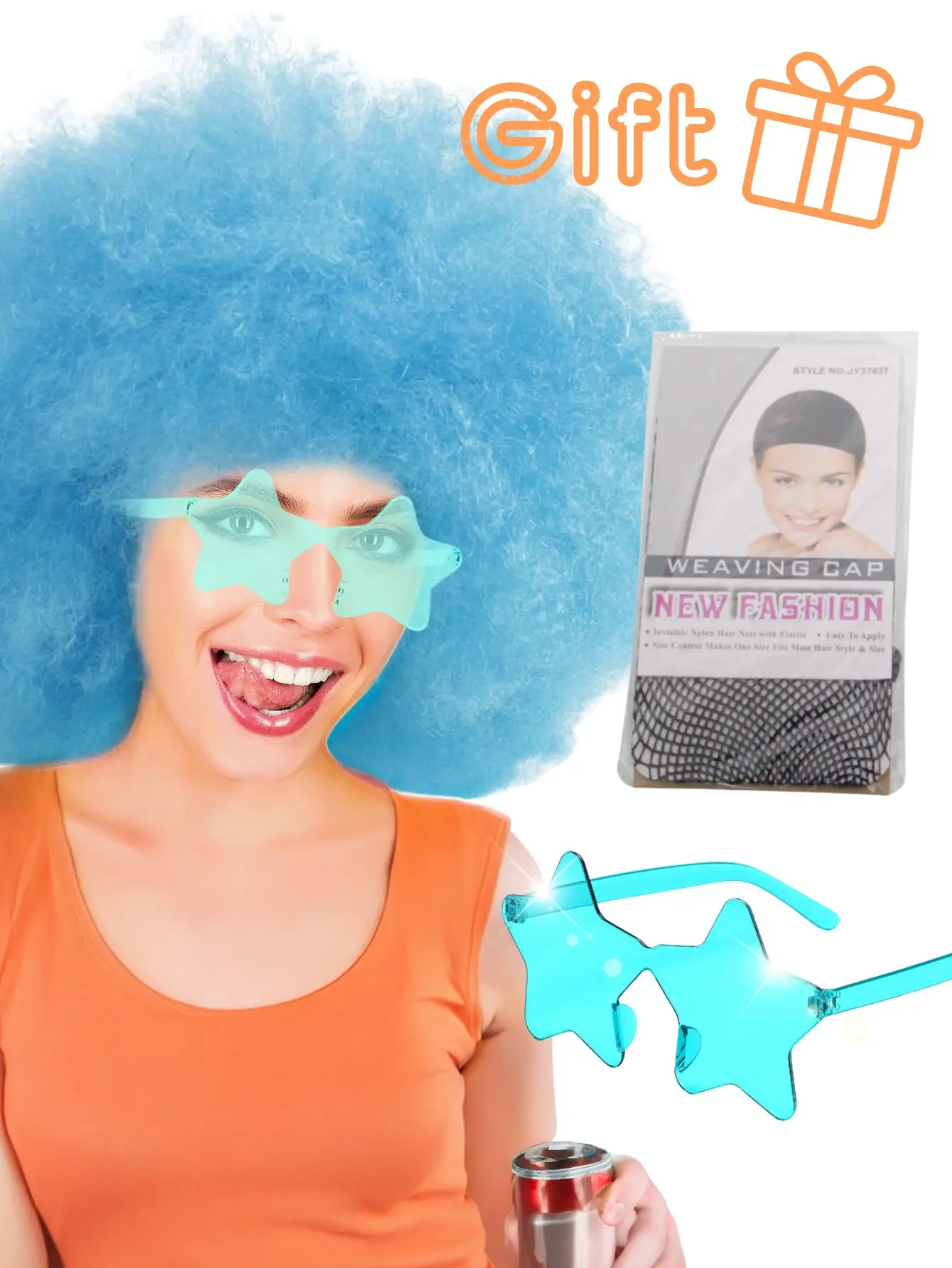 Oversized pluizig krullend haar pruik meerkleurig hittebestendig synthetische vezel met plus bril voor feest