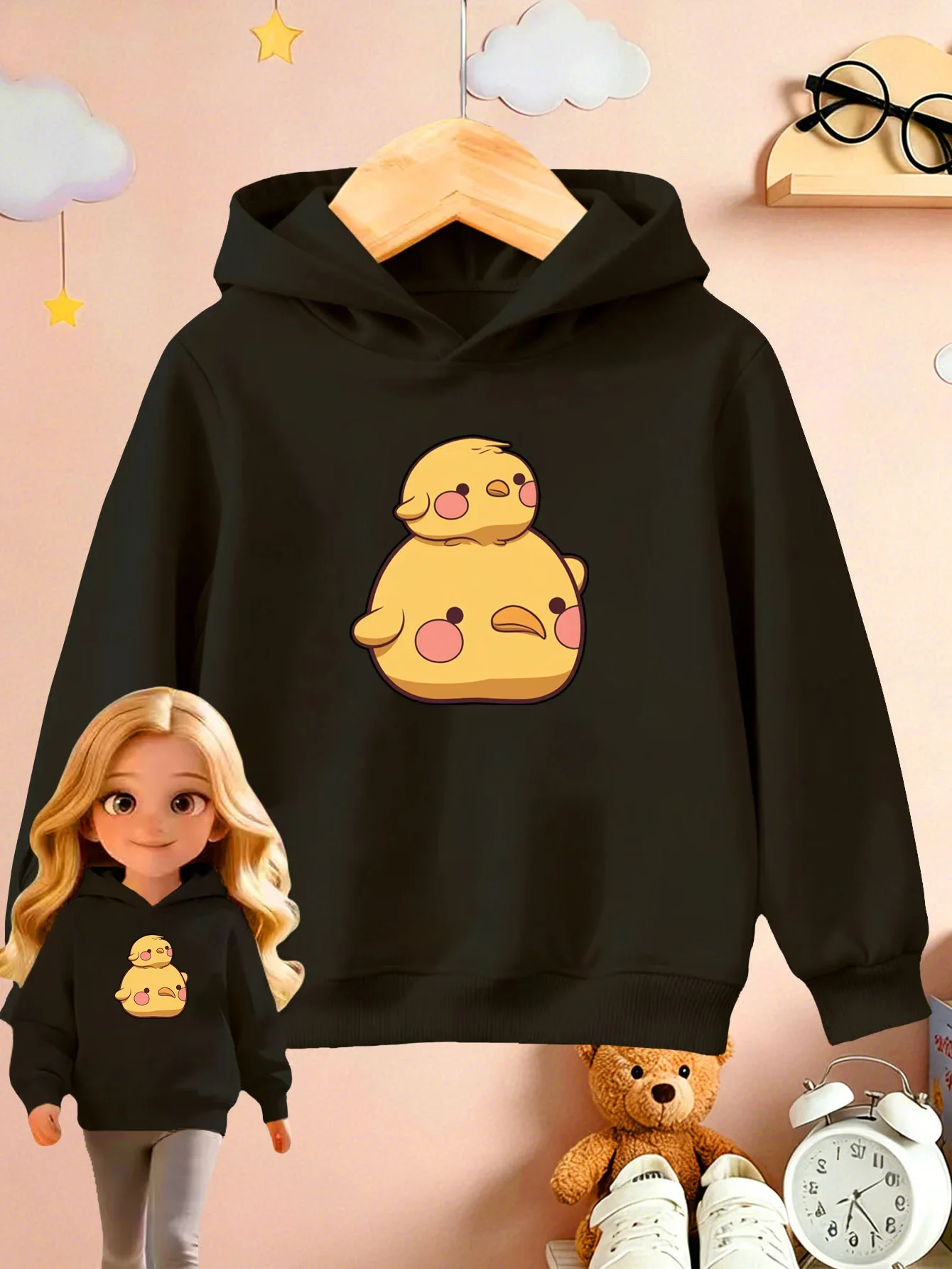 Kids Boys Girls Cute Stacking Duck Graphic Hoodie Yellow Printed Chick Sweatshirt School Clothes Birthday Present Autumn