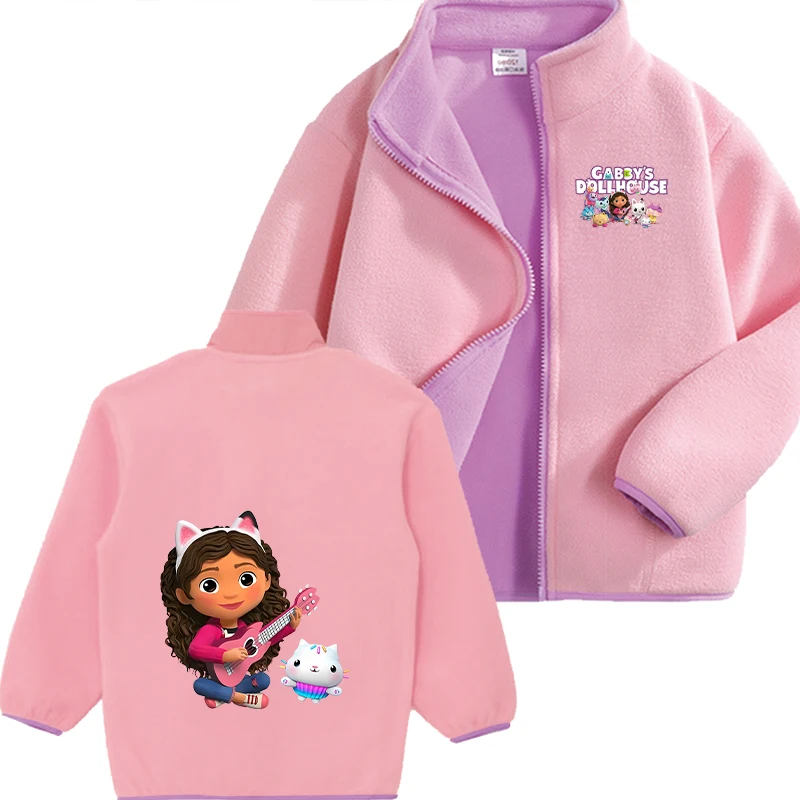 Gabby Dollhouses Baby Girls Pink Hoodie Sweatshirts Long Sleeve Fleece Two-sided Zipper Tops Clothing Autumn Winter Warm Clothes