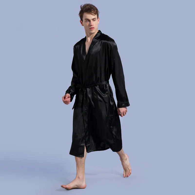 Men's Solid Color Silk Satin Robes Bathrobe Nightgown Pajamas Sleepwear Long-Sleeved Soft Kimono Nightgown