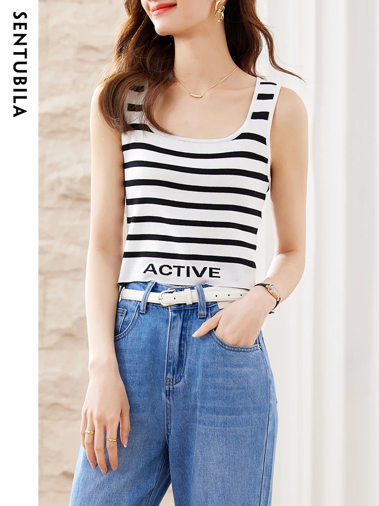 

SENTUBILA Fashion Striped Knitted Vest for Women 2023 Summer Retro Sleeveless Bottoming Shirt Slim Contrast Tank Tops W32I48971