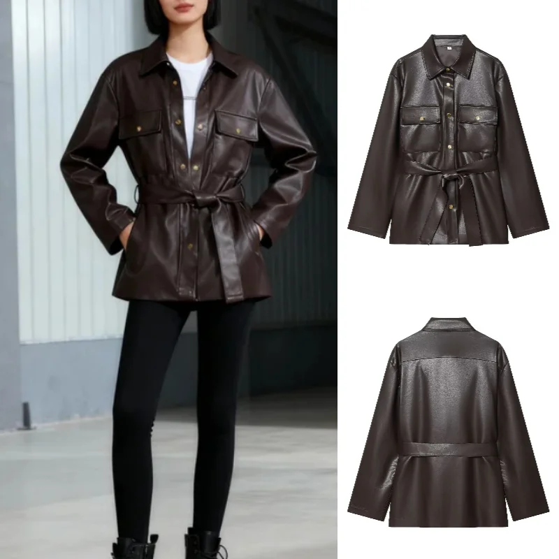 

Женское модное длинное пальто из искусственной кожи, осень 2024, модная сексуальная верхняя одежда с поясом для стильных повседневных мероприятий