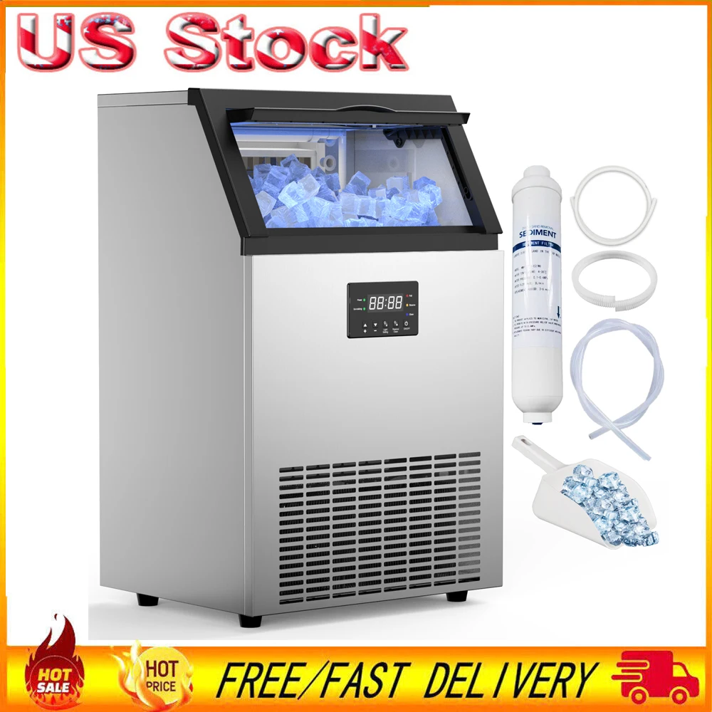 Commercial Cube Ice Maker 150lbs/24H Freestanding Auto Clear Liquid Freezer Ice Generator Machine 110V Home Appliance