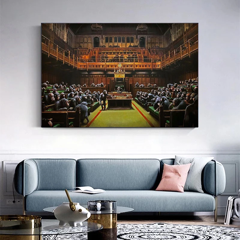 Banksy Devolved Parliament Canvas Paintings Abstract Monkey Meeting Posters and Prints Wall Art Picture for Home Decoration