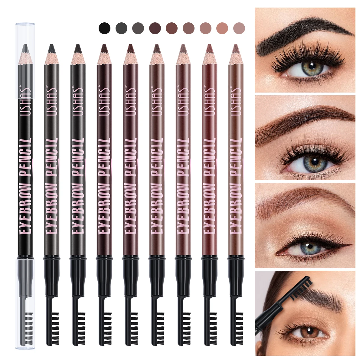 USHAS 9 Color Double Head Eyebrow Pencil Long Lasting Waterproof Eye Brow Pen Black Brown Eyebrow Pencil With Brush