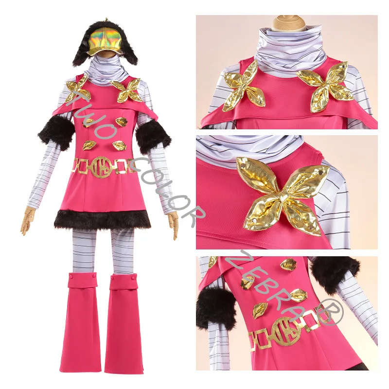 JoJo's Bizarre Adventure Hot Pants Cosplay Costume Pink Dress Gold Buttons Fur Trim Matching Hat Props Set for Party Roleplay view 3