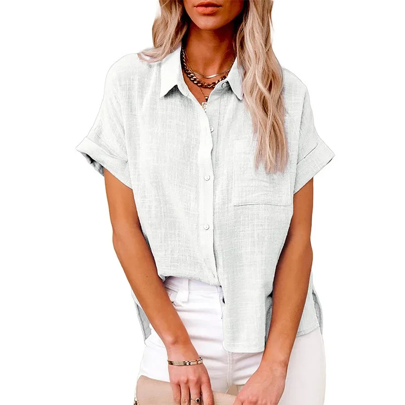 Women's T-shirt tops L-5XL plus size Popular European and American summer tops cotton and linen pocket buttons short sleeved