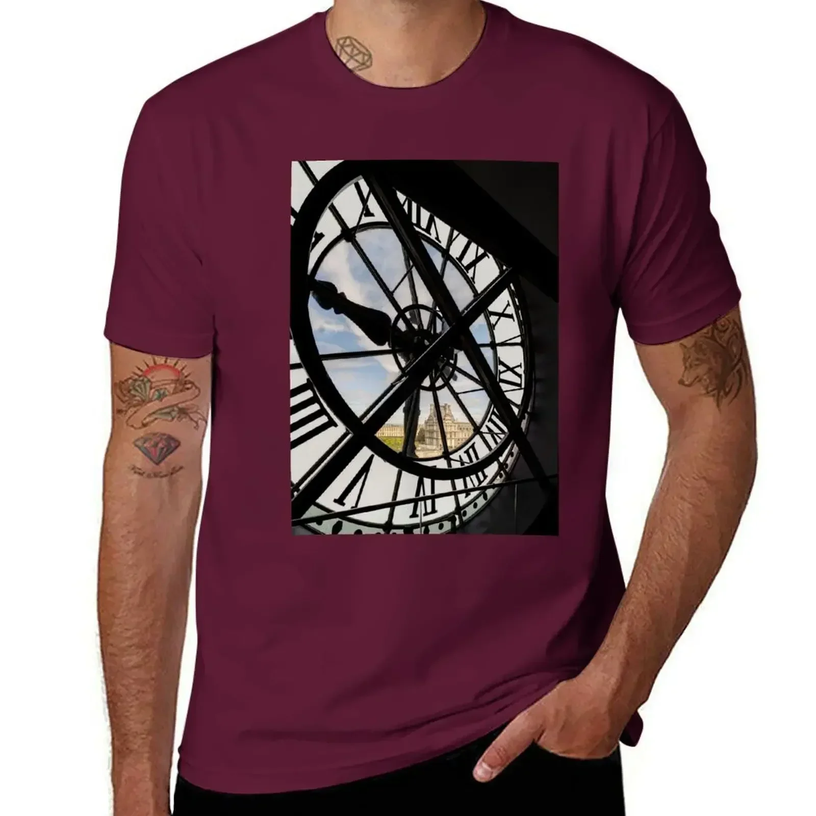 Louvre from Orsay Clock Paris T-Shirt vintage hippie clothes mens graphic t-shirts pack heavyweight fashion Round Neck Informal